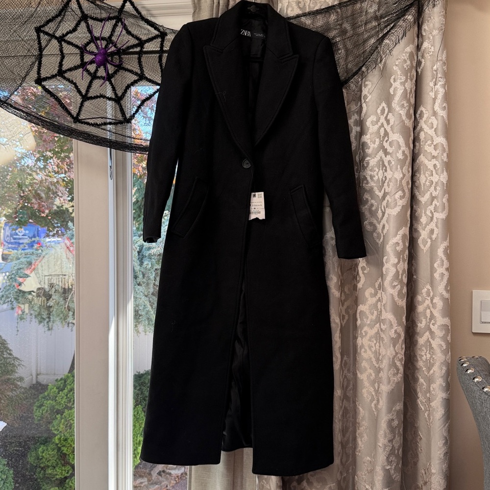 Zara Black Long Dress Pea Coat Size Medium - Picture 3 of 15